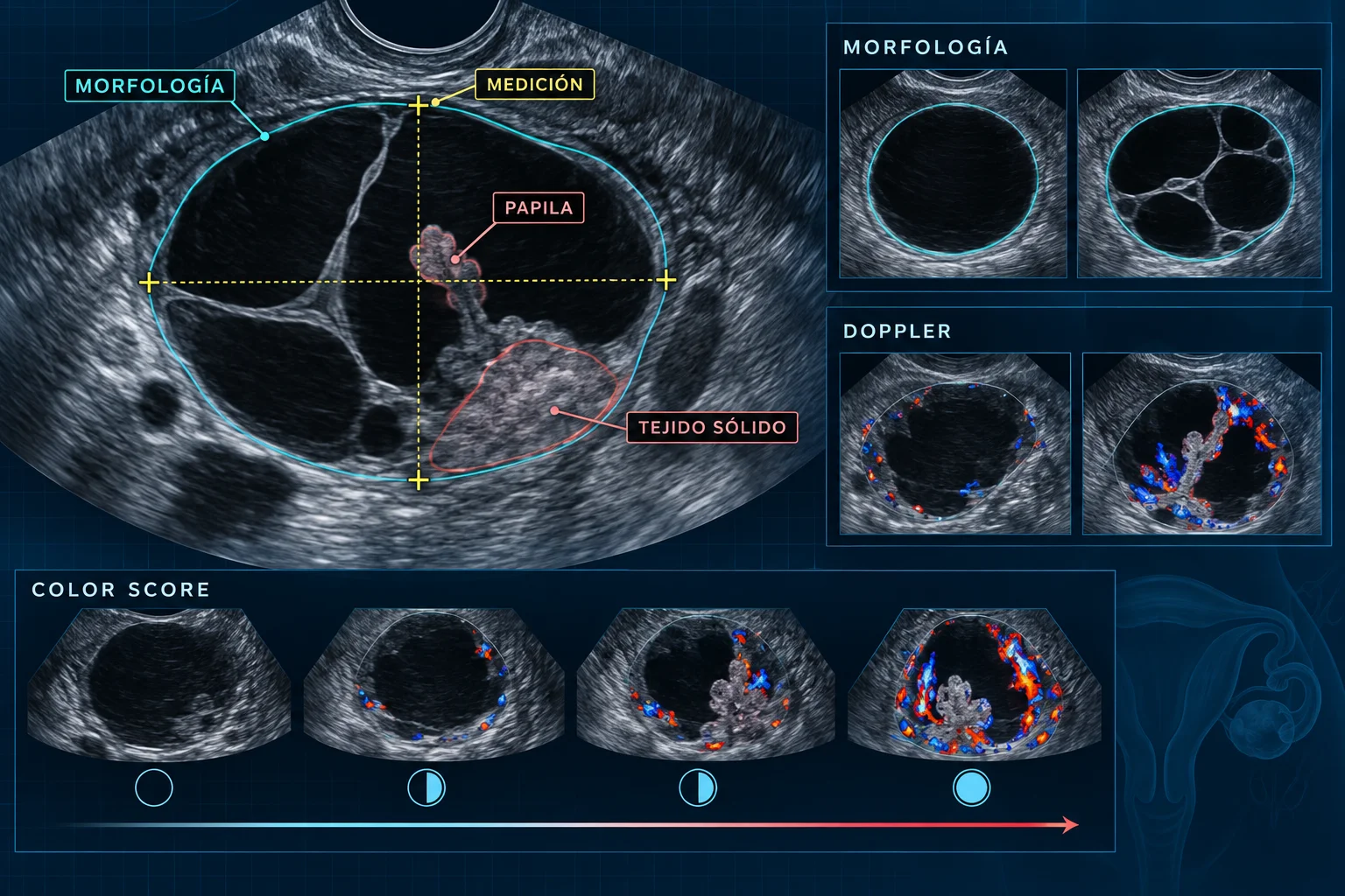 Descripción IOTA de morfología, medición, papilas, tejido sólido, Doppler y color score