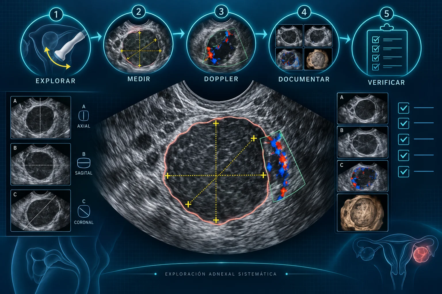 Secuencia visual para explorar, medir, evaluar Doppler, documentar y verificar