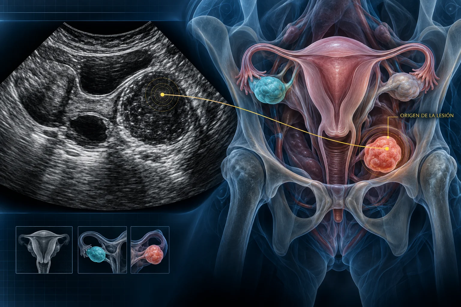Ecografía y anatomía pélvica para identificar el origen de una lesión anexial